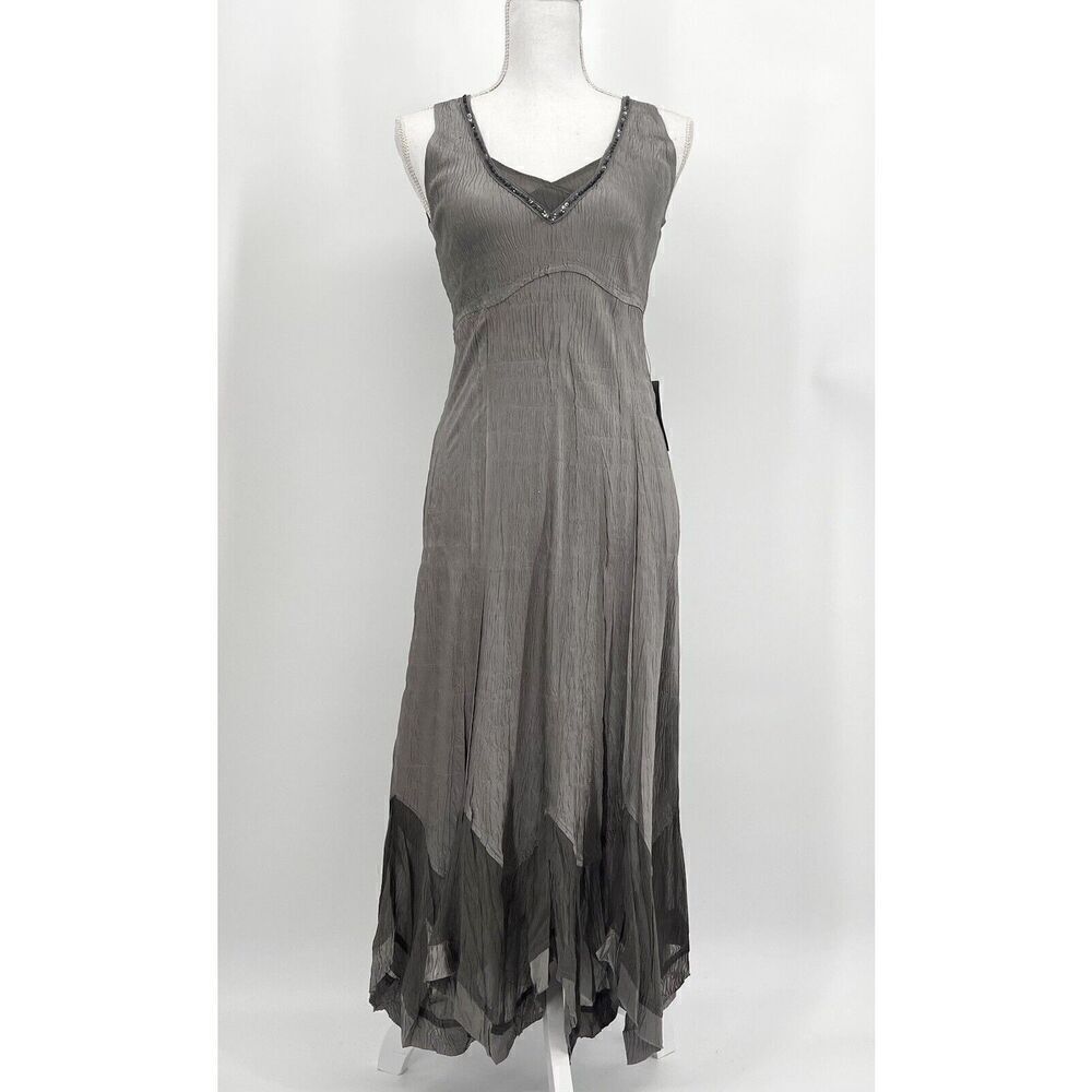 NWT Komarov Gray Taupe Crinkle Pleat Plisse Embellished Sequin Maxi Dress Size S